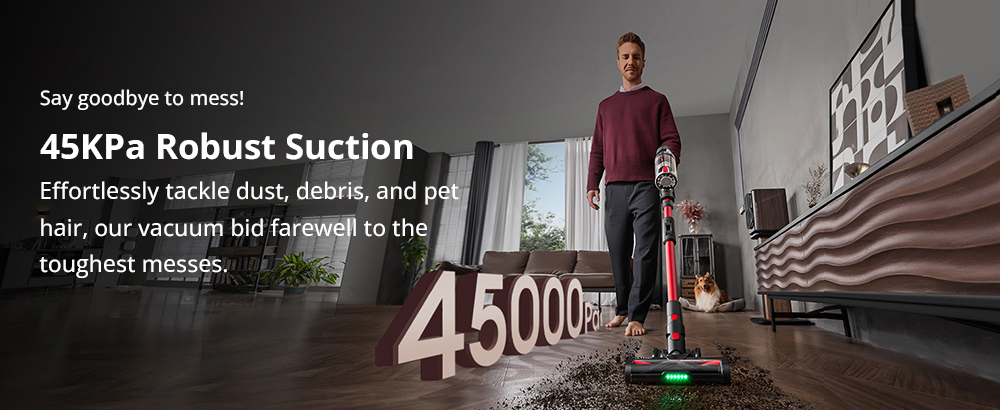 Ultenic U16 Flex Cordless Vacuum Cleaner, 45000Pa Suction, 60min Runtime, 180° Flexible Wand, Anti-Tangle Brush, Green Light, LED Display, Wall Mount Charging