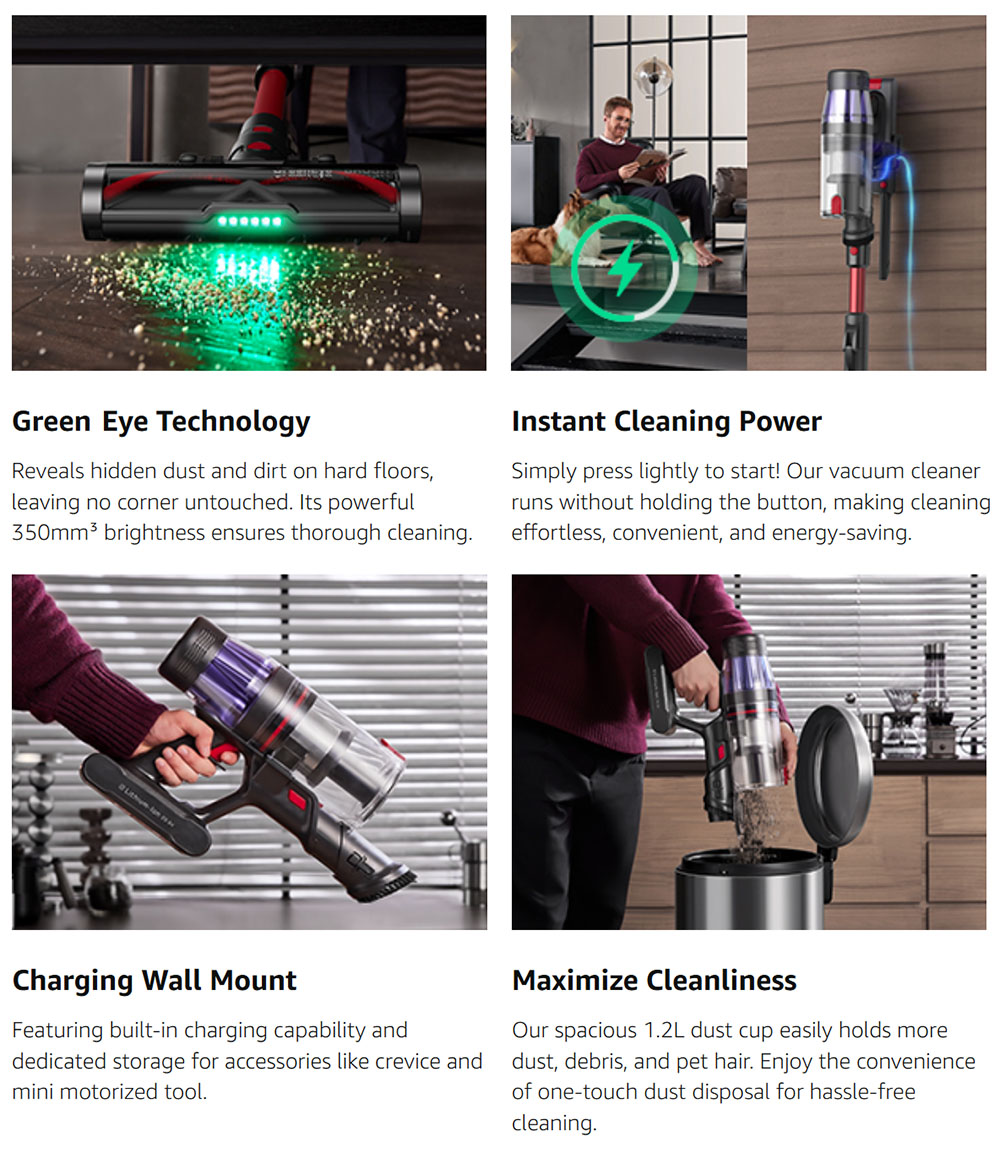 Ultenic U16 Flex Cordless Vacuum Cleaner, 45000Pa Suction, 60min Runtime, 180° Flexible Wand, Anti-Tangle Brush, Green Light, LED Display, Wall Mount Charging