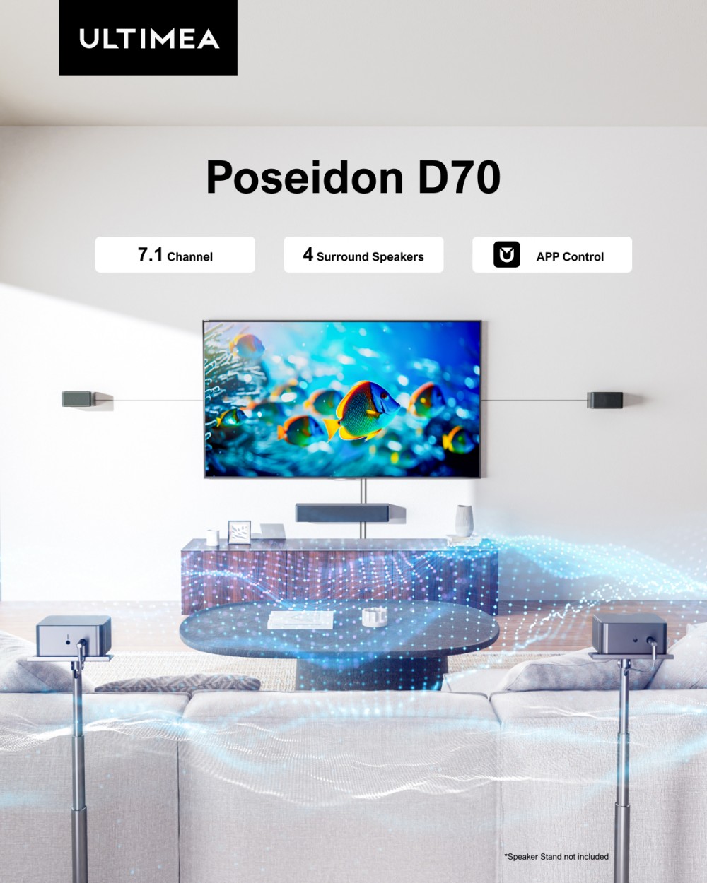 Ultimea Poseidon D70 7.1 Soundbar + 1 pár * Steady 300 reproduktorových stojanov, 10-pásmový ekvalizér, 121 prednastavených matíc EQ, technológia BassMX, inteligentné ovládanie APP