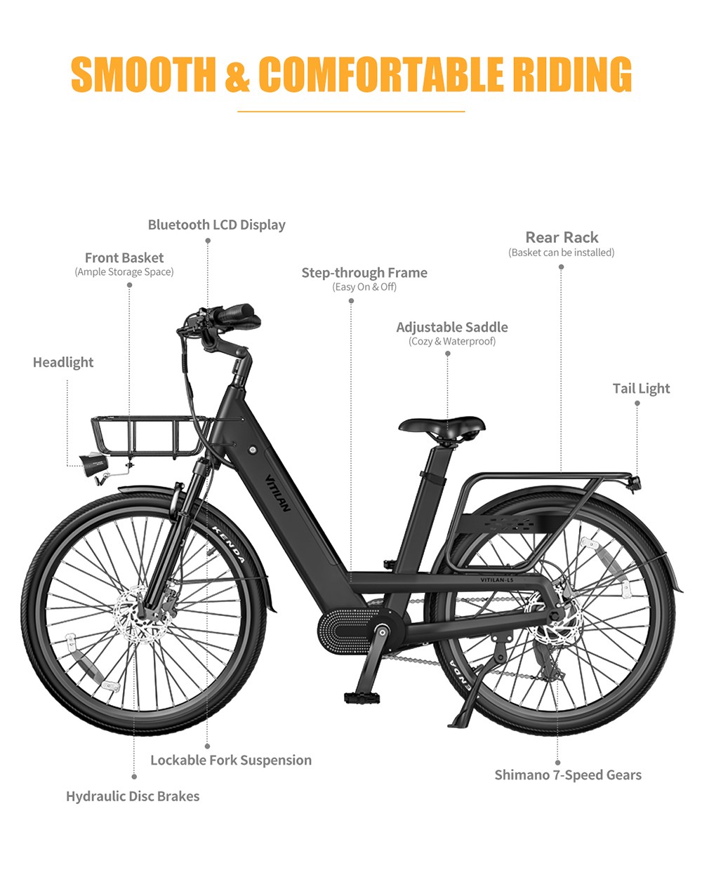 Vitilan L5 Electric Bike, 500W Motor, 48V 15Ah Battery, 26*2.4-palcové pneumatiky, max. rýchlosť 40 km/h, dojazd 105 km, hydraulické kotúčové brzdy, nastaviteľná odpružená vidlica, 7-stupňová prevodovka Shimano, inteligentný farebný displej - čierny