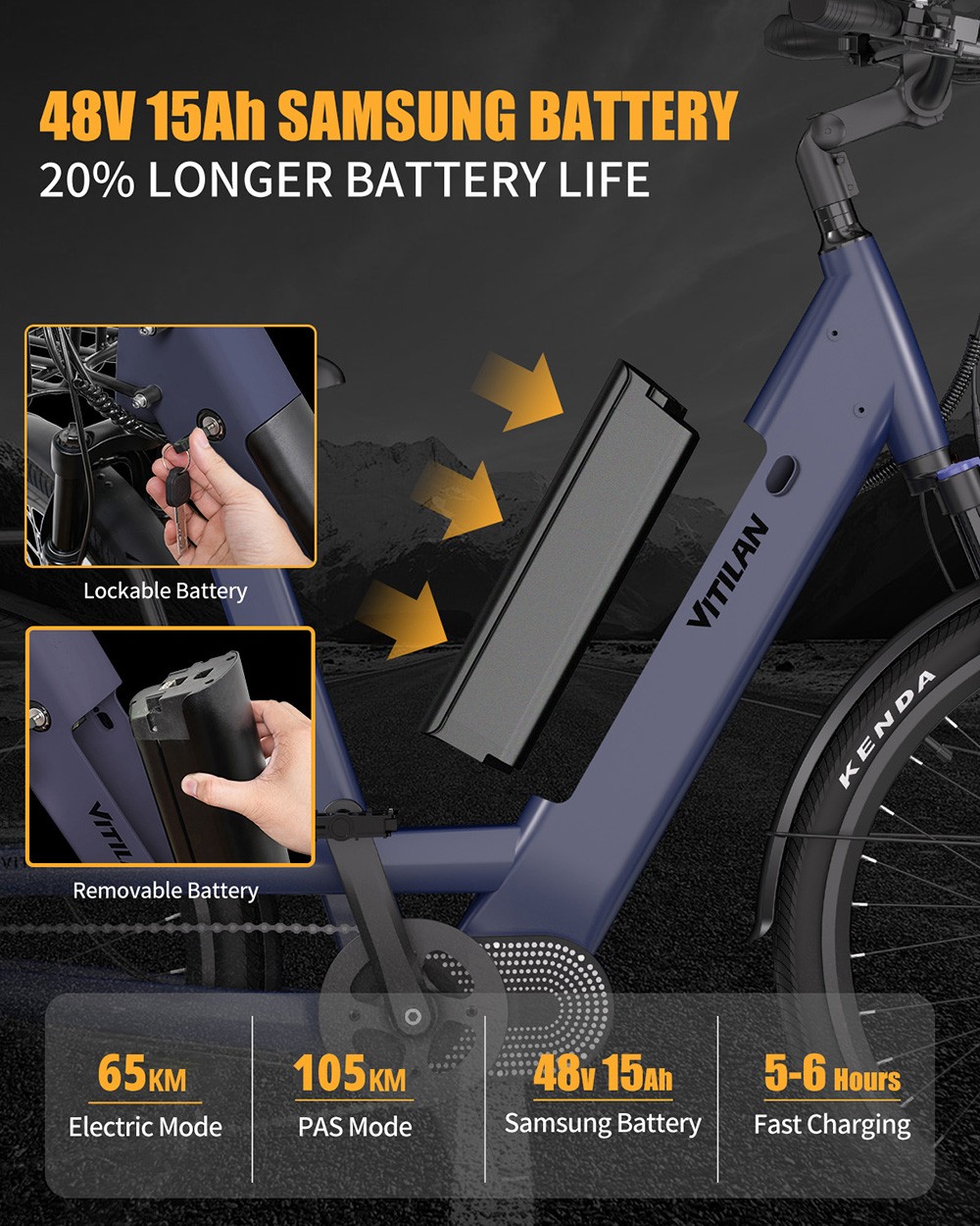 Vitilan L5 Electric Bike, 500W Motor, 48V 15Ah Battery, 26*2.4-palcové pneumatiky, max. rýchlosť 40 km/h, dojazd 105 km, hydraulické kotúčové brzdy, nastaviteľná odpružená vidlica, 7-stupňová prevodovka Shimano, inteligentný farebný displej - modrý