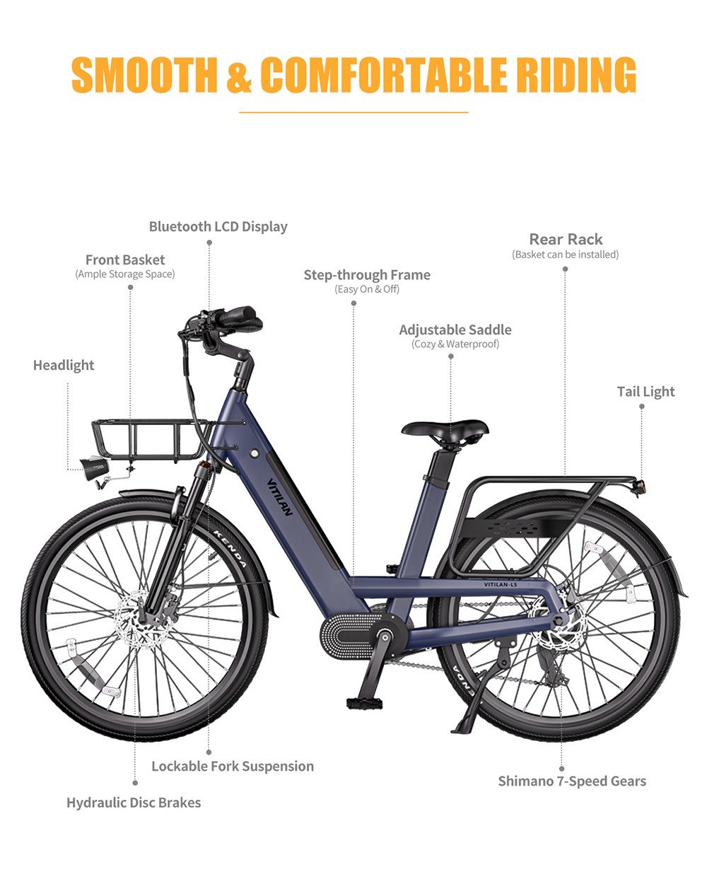 Vitilan L5 Electric Bike, 500W Motor, 48V 15Ah Battery, 26*2.4-palcové pneumatiky, max. rýchlosť 40 km/h, dojazd 105 km, hydraulické kotúčové brzdy, nastaviteľná odpružená vidlica, 7-stupňová prevodovka Shimano, inteligentný farebný displej - modrý