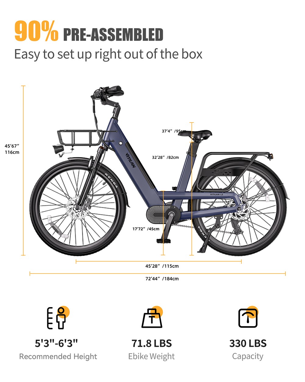 Vitilan L5 Electric Bike, 500W motor, 48V 15Ah batéria, 26*2,4-palcové pneumatiky, max. rýchlosť 40km/h, dojazd 105km, hydraulické kotúčové brzdy, nastaviteľná odpružená vidlica, Shimano 7 rýchlostí, inteligentný farebný displej - modrý