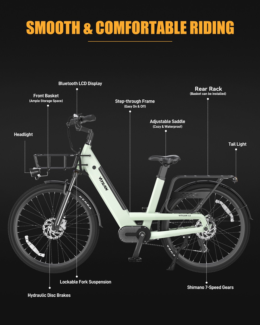 Vitilan L5 Electric Bike, 500W Motor, 48V 15Ah Battery, 26*2.4-palcové pneumatiky, max. rýchlosť 40 km/h, dojazd 105 km, hydraulické kotúčové brzdy, nastaviteľná odpružená vidlica, 7-stupňová prevodovka Shimano, inteligentný farebný displej - zelený