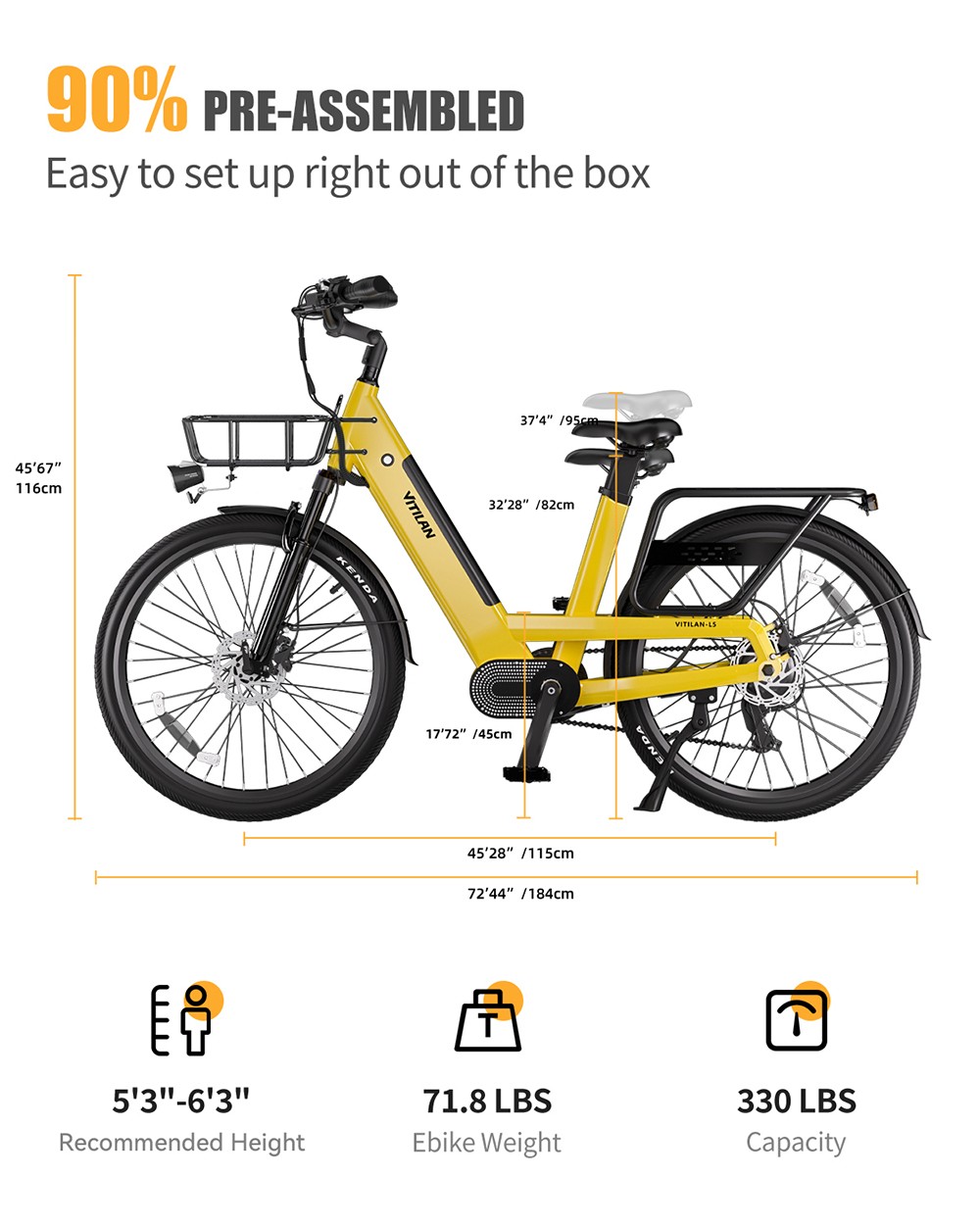 Vitilan L5 Electric Bike, 500W motor, 48V 15Ah batéria, 26*2,4-palcové pneumatiky, max. rýchlosť 40 km/h, dojazd 105 km, hydraulické kotúčové brzdy, nastaviteľná odpružená vidlica, Shimano 7 rýchlostí, inteligentný farebný displej - žltá