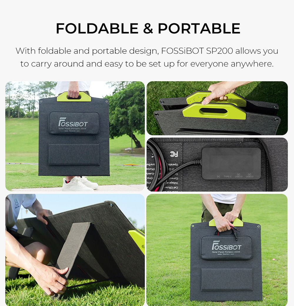 FOSSiBOT F800 Tragbare Powerstation + FOSSiBOT SP200 Faltbares Solarpanel, 512Wh LiFePO4 Solargenerator, 800W AC Ausgang, 200 W Max. Solareingang, 8 Ausgänge, LED Licht - Grün