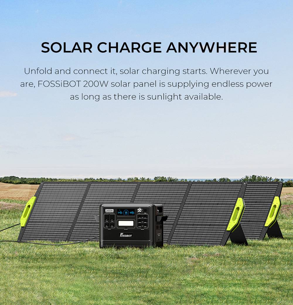 FOSSiBOT F800 Tragbare Powerstation + FOSSiBOT SP200 Faltbares Solarpanel, 512Wh LiFePO4 Solargenerator, 800W AC Ausgang, 200 W Max. Solareingang, 8 Ausgänge, LED Licht - Grün