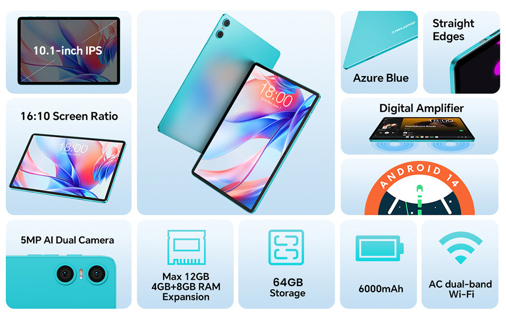 Teclast P30 Tablet 10,1 Zoll, Android 14, 4&nbsp;GB RAM 64&nbsp;G ROM, 5&nbsp;MP Al-Doppelkamera, 1280&nbsp;x&nbsp;800 Aufl&ouml;sung, Qcta-Core, 6000&nbsp;mAh-Akku, Typ C/GMS/WLAN/Bluetooth/3,5-mm-Buchse