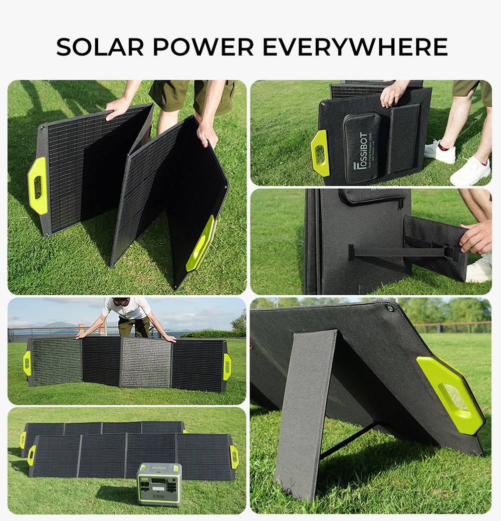 FOSSiBOT F800 Tragbare Powerstation + FOSSiBOT SP200 Faltbares Solarpanel, 512Wh LiFePO4 Solargenerator, 800W AC Ausgang, 200 W Max. Solareingang, 8 Ausgänge, LED Licht - Grün