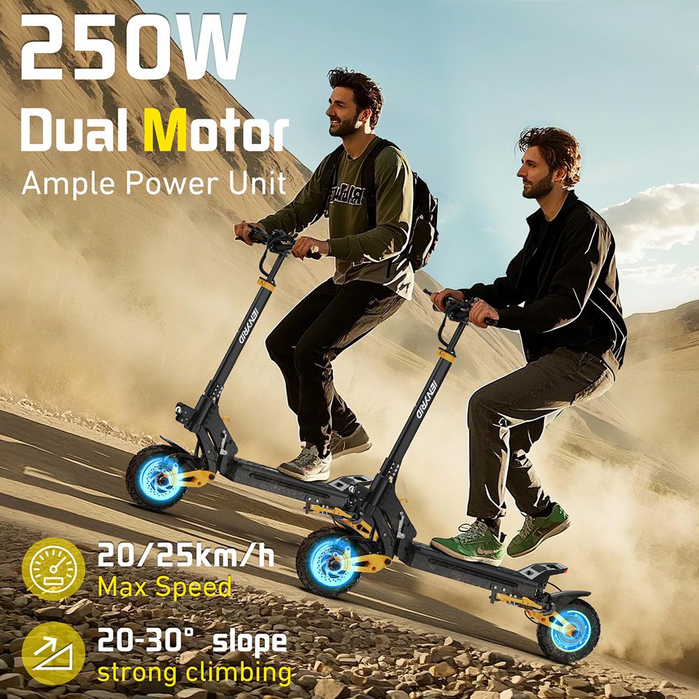 iENYRID ES1 Electric Scooter, 250W*2 Motor, 48V 20.8Ah batéria, 10-palcové terénne pneumatiky, max. rýchlosť 25 km/h, dojazd 60 km, dvojkotúčové brzdy, predné a zadné hydraulické odpruženie, tempomat