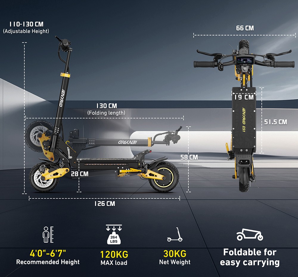 iENYRID ES1 Electric Scooter, 250W*2 Motor, 48V 20.8Ah batéria, 10-palcové terénne pneumatiky, max. rýchlosť 25 km/h, dojazd 60 km, dvojkotúčové brzdy, predné a zadné hydraulické odpruženie, tempomat