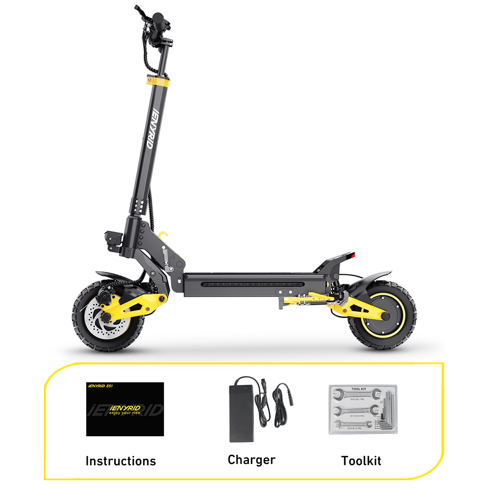 iENYRID ES1 Electric Scooter, 250W*2 Motor, 48V 20,8Ah batéria, 10 palcové terénne pneumatiky, max. rýchlosť 25 km/h, dojazd 60 km, dvojité kotúčové brzdy, predné & zadné hydraulické odpruženie, tempomat