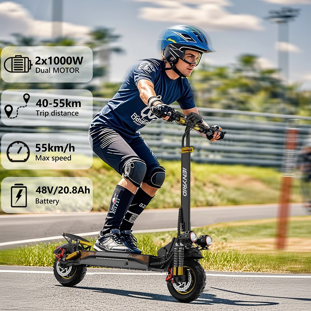 iENYRID ES6 Electric Scooter, 1000W*2 Motor, 48V 20.8Ah batéria, 10-palcové terénne pneumatiky, max. rýchlosť 55 km/h, dojazd 55 km, dvojkotúčové brzdy, pružinové tlmiče