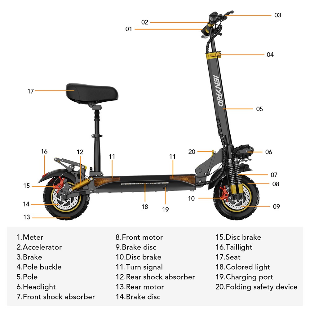 iENYRID ES6 Electric Scooter, 1000W*2 Motor, 48V 20.8Ah batéria, 10-palcové terénne pneumatiky, max. rýchlosť 55 km/h, dojazd 55 km, dvojkotúčové brzdy, pružinové tlmiče