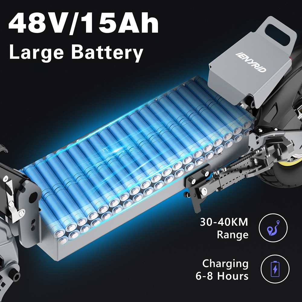 iENYRID S1 Electric Scooter, 250W motor, 48V 15Ah batéria, 10 palcové terénne pneumatiky, max. rýchlosť 25 km/h, dojazd 40 km, dvojkotúčové brzdy, predné & zadné hydraulické odpruženie, LCD displej