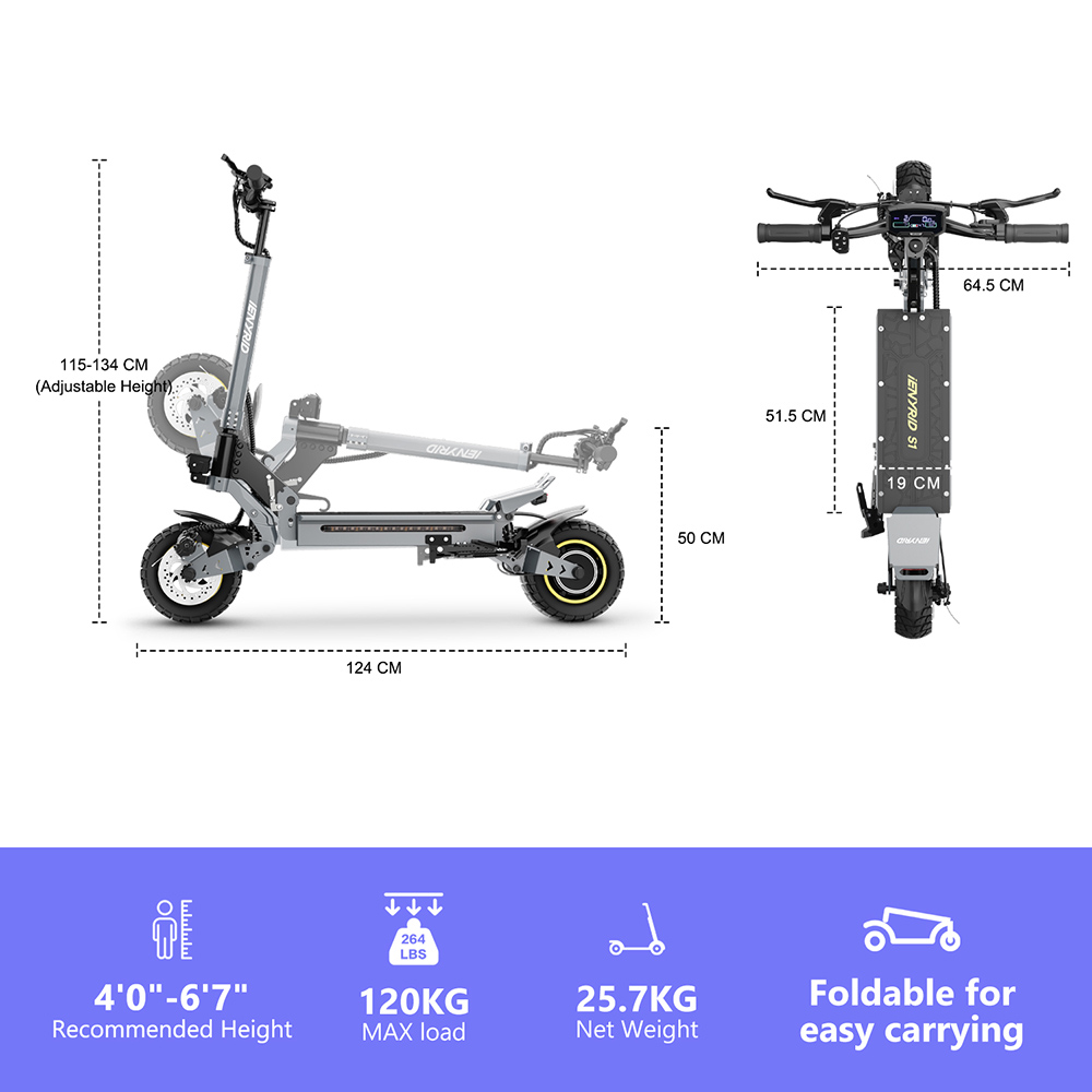 iENYRID S1 Electric Scooter, 250W motor, 48V 15Ah batéria, 10 palcové terénne pneumatiky, max. rýchlosť 25 km/h, dojazd 40 km, dvojkotúčové brzdy, predné & zadné hydraulické odpruženie, LCD displej