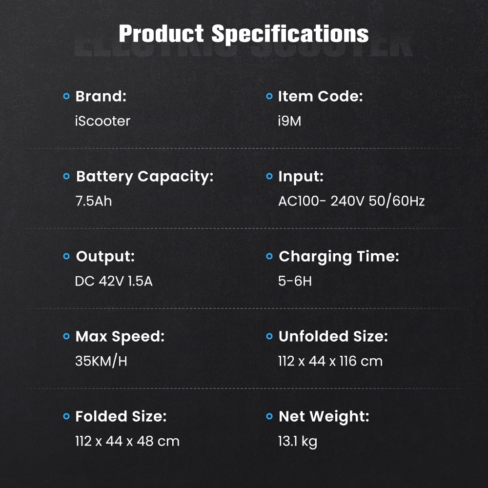 iScooter i9M Electric Scooter, 500W Motor, 42V 7.5AH batéria, 10-palcové pneumatiky, max. rýchlosť 35 km/h, dojazd 30 km, predná elektronická brzda & zadná kotúčová brzda, ovládanie aplikáciou, LCD displej