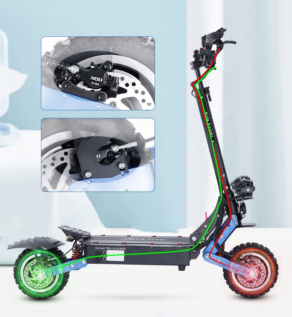 Patinete eléctrico Halo Knight T108 Pro de 11'', todoterreno, neumáticos, 2 motores de 3000 W, velocidad máxima de 95 km/h, batería de 60 V y 38,4 Ah, alcance de 80 km, carga máxima de 200 kg, intermitentes delanteros y traseros, resistente al agua IPX4, frenos hidráulicos dobles, freno eléctrico.