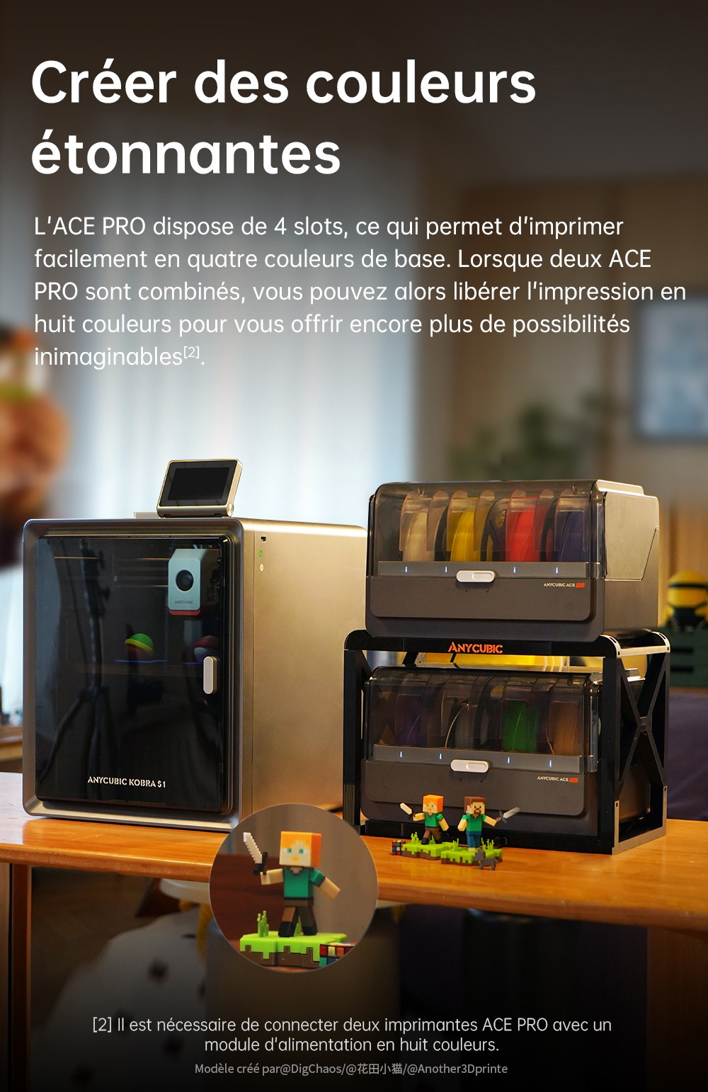 Imprimante 3D ANYCUBIC KOBRA S1 COMBO, impression 8 couleurs &eacute;clatantes, vitesse ultra-rapide de 600 mm/s, mise &agrave; niveau automatique, t&ecirc;te d'impression 320 &deg;C, ultra-silencieuse 44 dB, construction CoreXY, 250 x 250 x 250 mm