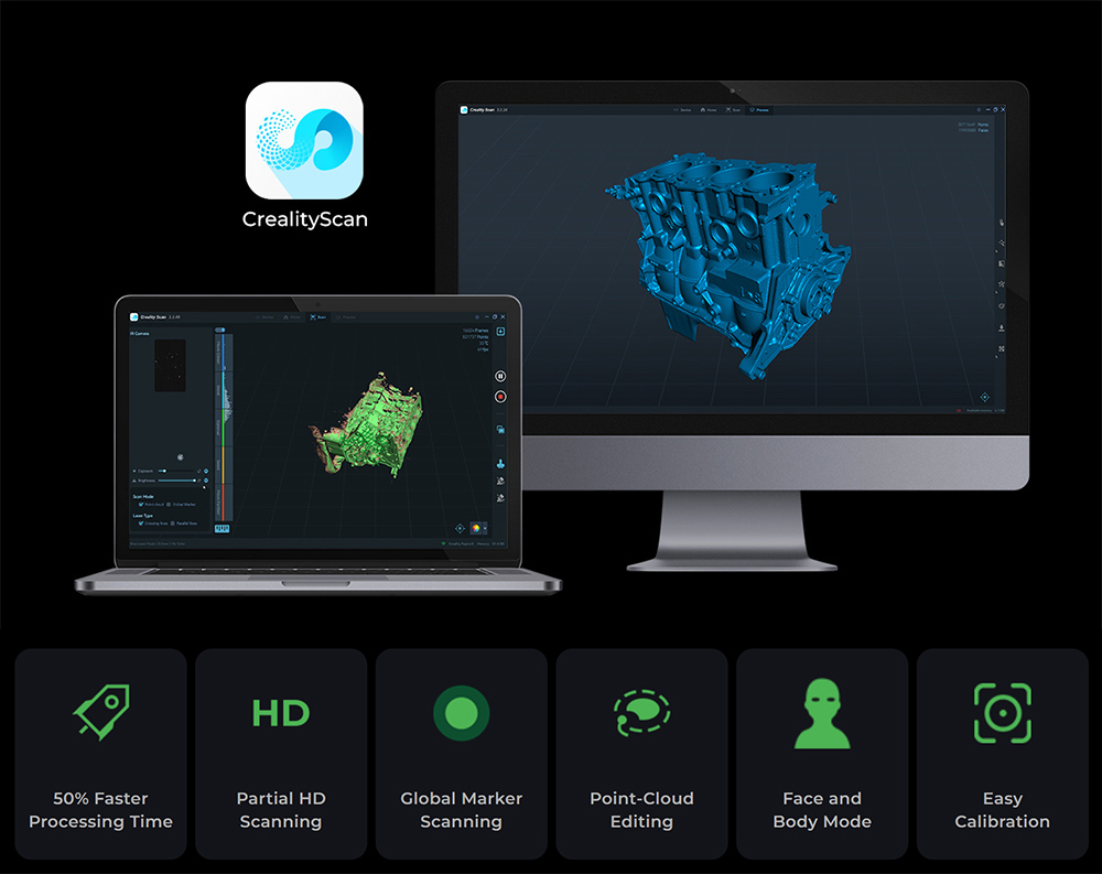 Creality RaptorX 3D Scanner, Wireless Hybrid 41-line Blue Laser & NIR, Objects Between 5-4000mm, Wireless Handle, 0.02mm Accuracy