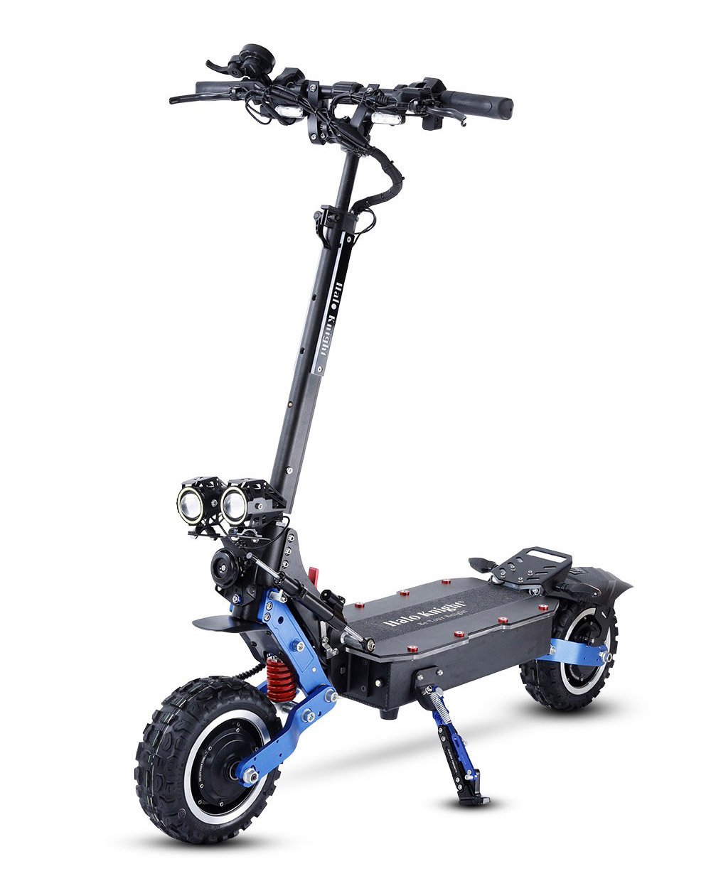 Patinete eléctrico Halo Knight T108 Pro de 11'', todoterreno, neumáticos, 2 motores de 3000 W, velocidad máxima de 95 km/h, batería de 60 V y 38,4 Ah, alcance de 80 km, carga máxima de 200 kg, intermitentes delanteros y traseros, resistente al agua IPX4, frenos hidráulicos dobles, freno eléctrico.