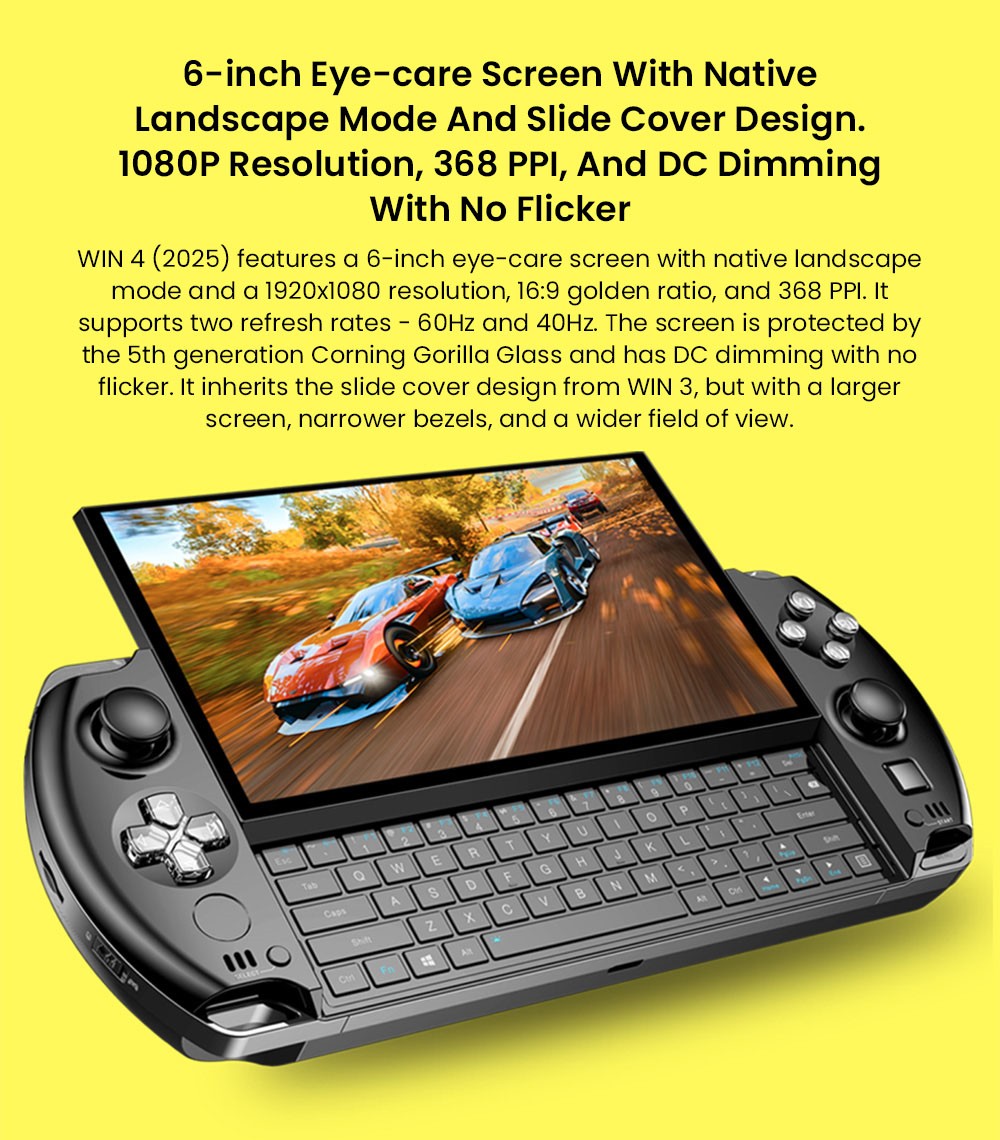 GPD WIN 4 (2025) Handheld Game Laptop, 6'' 1920x1080 Screen, AMD Ryzen 7 8840U 8 Cores Max 5.1GHz, 32GB LPDDR5x RAM 1TB SSD, WiFi6E Bluetooth5.3, 1*USB4, 1*Full-featured Type-C, 1*Charging Only Type-C, 1*Oculink, 3*USB3.2, 1*HDMI2.0, 1*RJ45 - US Plug
