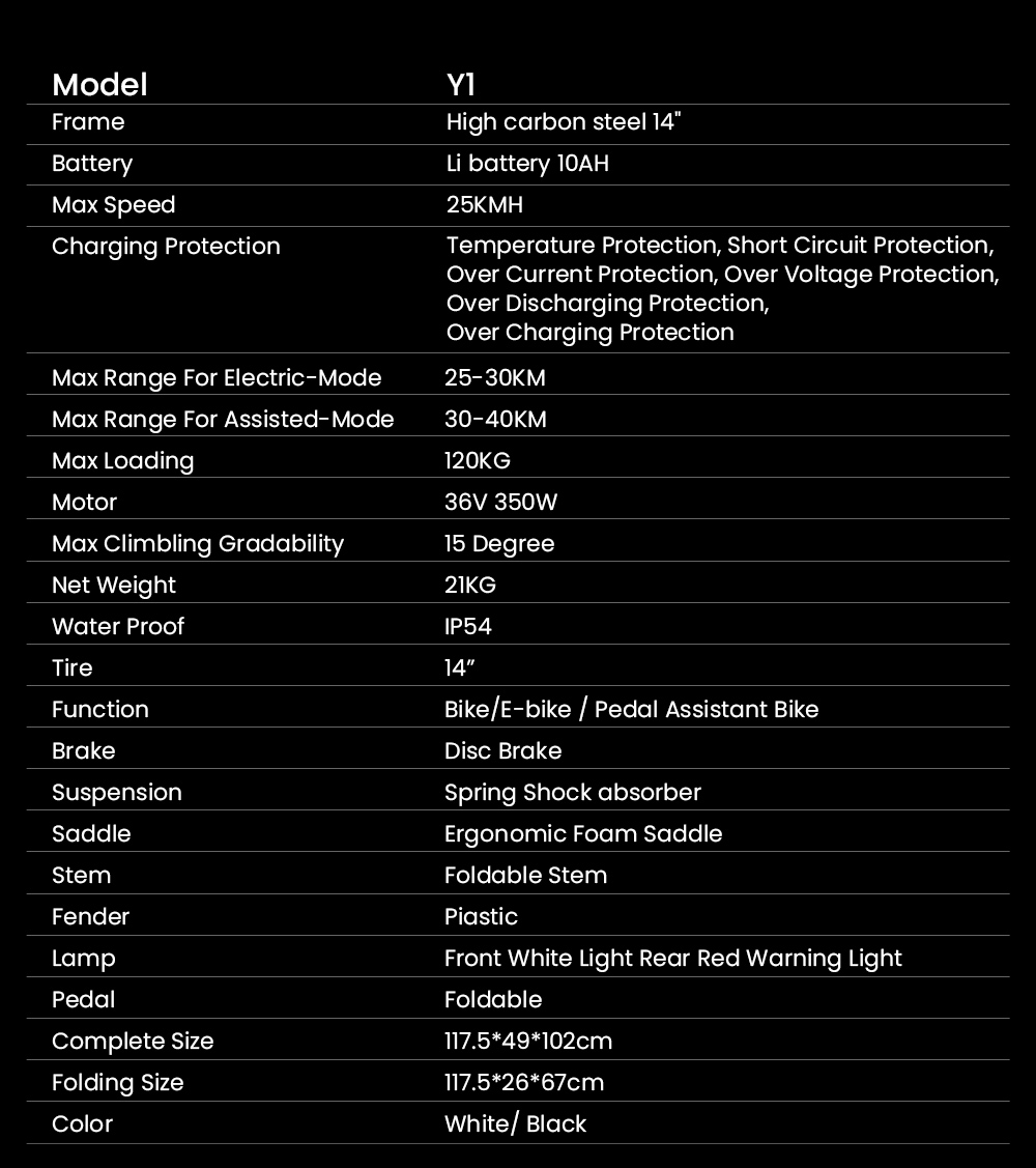 Y1 Electric Bike 350W Motor 36V 10.4Ah Battery 14'' Tire 25km/h Max Speed 30-40km Range - Black