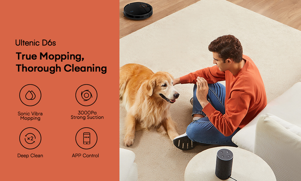 Ultenic D6S Aspirateur robot, &agrave; navigation gyroscopique, aspirateur balai 3 en 1, 3000 aspiration, 4 modes de nettoyage, batterie 2600 mAh, autonomie de 120 min