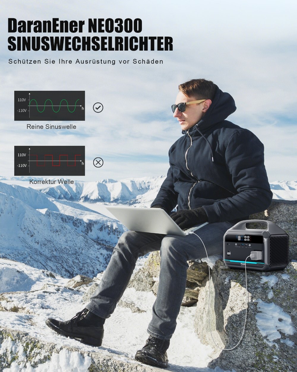 DaranEner NEO300 Tragbare Powerstation + DaranEner SP300 Faltbares Solarpanel, 300 W, 268,8 Wh, LiFePO4-Akku, USB-C PD60W, 110 V, reine Sinuswelle