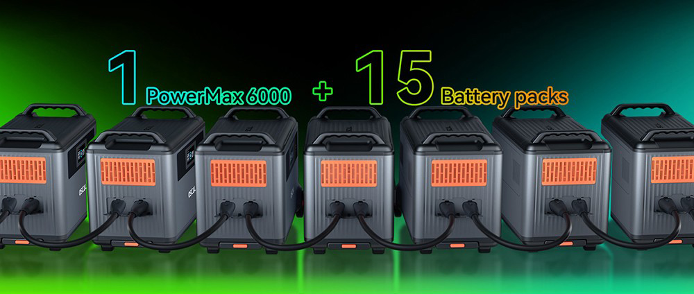 Oscal PowerMax6000 6000W Rugged Power Station, 3600Wh to 57600Wh LiFePO4 Battery, 14 Outlets, 120V/240V Dual Voltage Output, 3500+ Life Circle, Smart APP Control, 5 LED Light Modes, Morse Code Signal