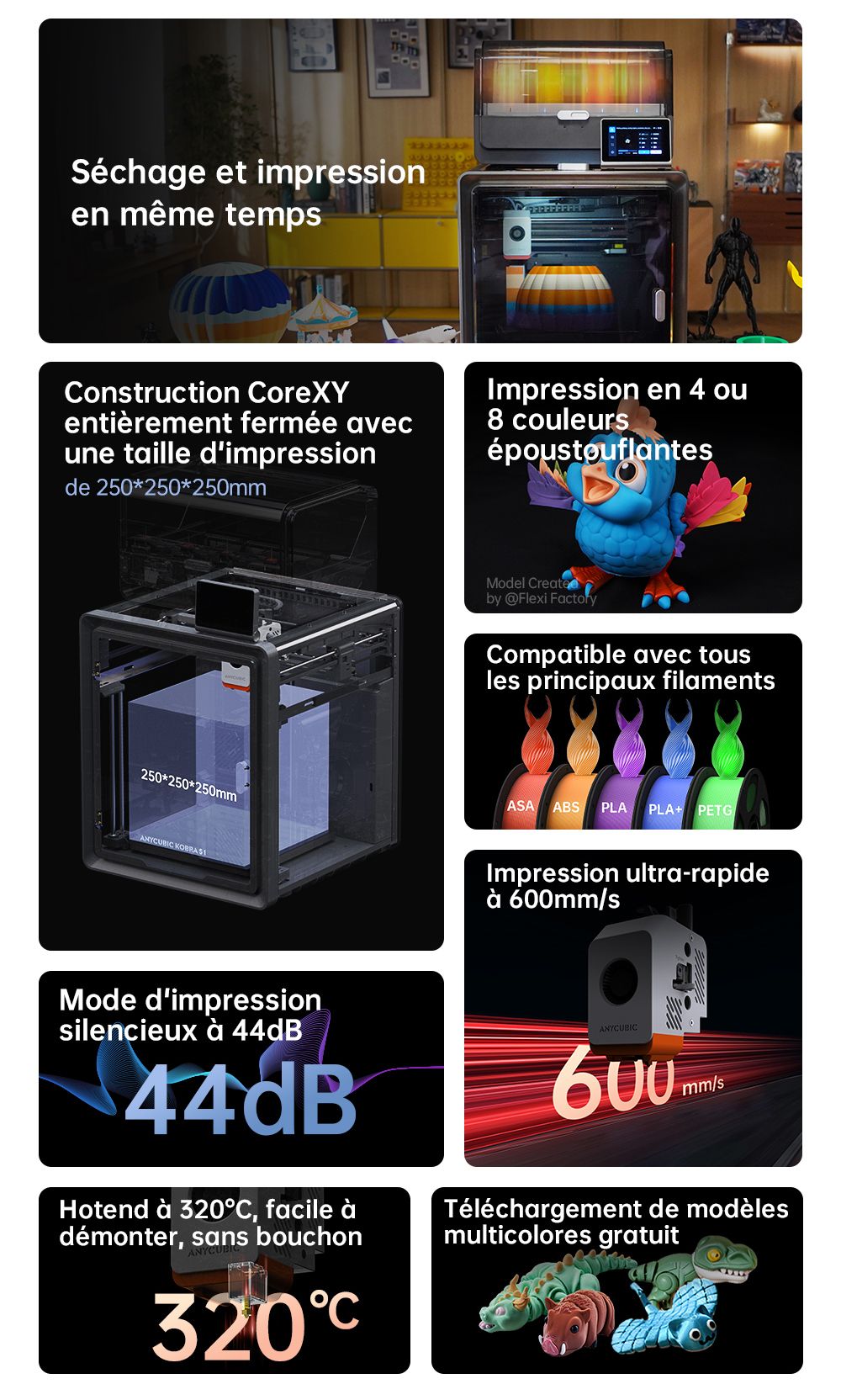 Imprimante 3D ANYCUBIC KOBRA S1 COMBO, impression 8 couleurs &eacute;clatantes, vitesse ultra-rapide de 600 mm/s, mise &agrave; niveau automatique, t&ecirc;te d'impression 320 &deg;C, ultra-silencieuse 44 dB, construction CoreXY, 250 x 250 x 250 mm
