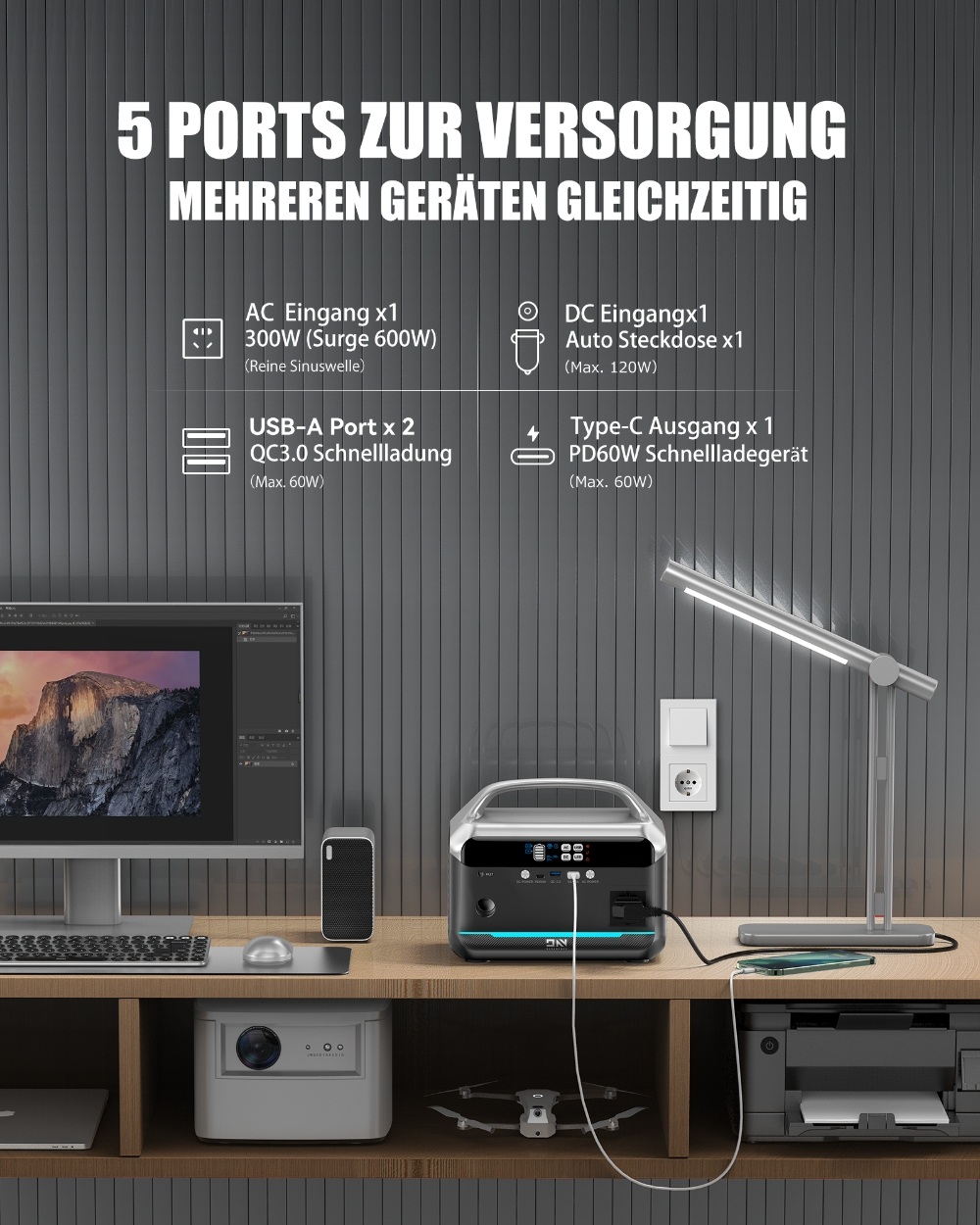 DaranEner NEO300 Tragbare Powerstation + DaranEner SP100 Faltbares Solarpanel, 300 W, 268,8 Wh, LiFePO4-Akku, USB-C PD60W, 110 V, reine Sinuswelle