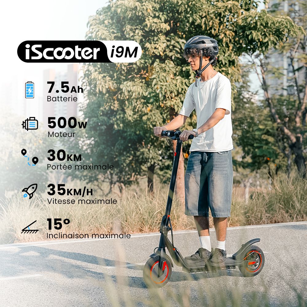 iScooter i9M Trottinette électrique, moteur 500 W, batterie 42 V 7,5 Ah, pneus pneumatiques 10 pouces, vitesse maximale 35 km/h, autonomie 30 km, frein électronique avant et frein à disque arrière, contrôle par application, écran LCD