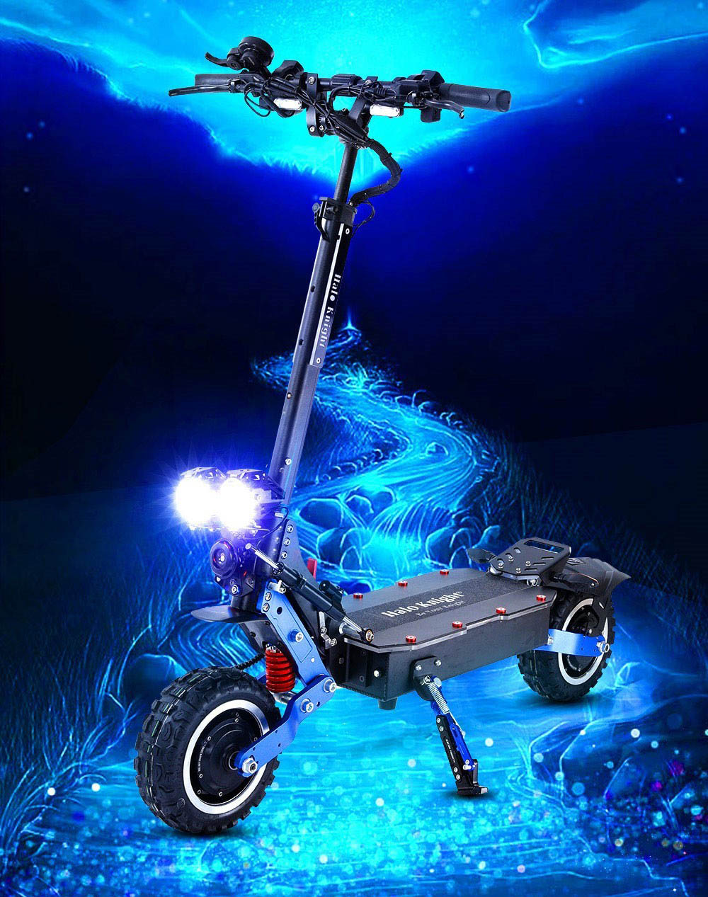 Patinete eléctrico Halo Knight T108 Pro de 11'', todoterreno, neumáticos, 2 motores de 3000 W, velocidad máxima de 95 km/h, batería de 60 V y 38,4 Ah, alcance de 80 km, carga máxima de 200 kg, intermitentes delanteros y traseros, resistente al agua IPX4, frenos hidráulicos dobles, freno eléctrico.