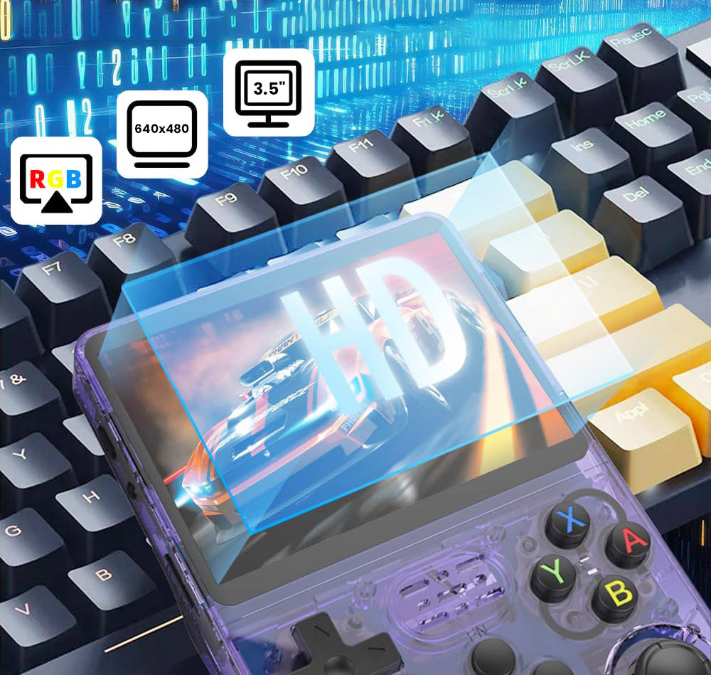 R36S Handheld Game Console, 3.5-inch IPS Screen, Linux System, 11 Emulator, 64GB - Transparent Purple