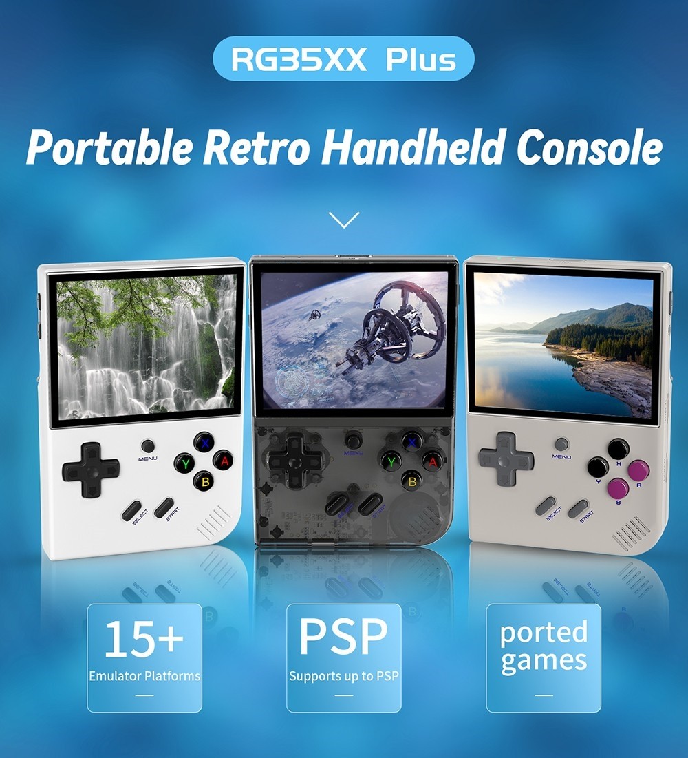 ANBERNIC RG35XX Plus Spielkonsole, 32 GB TF-Karte, 3300 mAh Akku, 8 Stunden Spielzeit, 5G WiFi Bluetooth, Moonlight-Streaming, Vibrationsmotor &ndash; Transparentes Schwarz