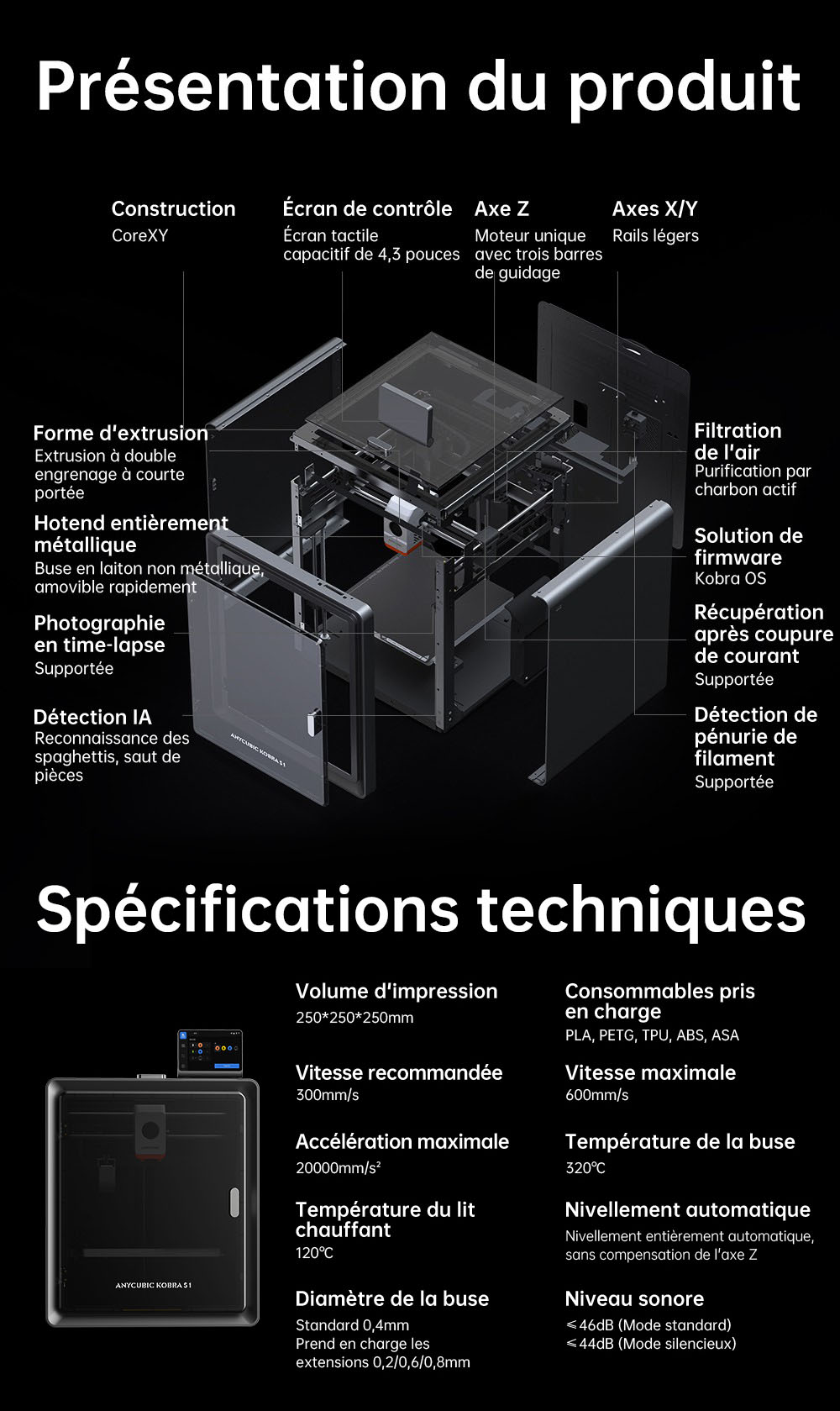 Imprimante 3D ANYCUBIC KOBRA S1 COMBO, impression 8 couleurs &eacute;clatantes, vitesse ultra-rapide de 600 mm/s, mise &agrave; niveau automatique, t&ecirc;te d'impression 320 &deg;C, ultra-silencieuse 44 dB, construction CoreXY, 250 x 250 x 250 mm