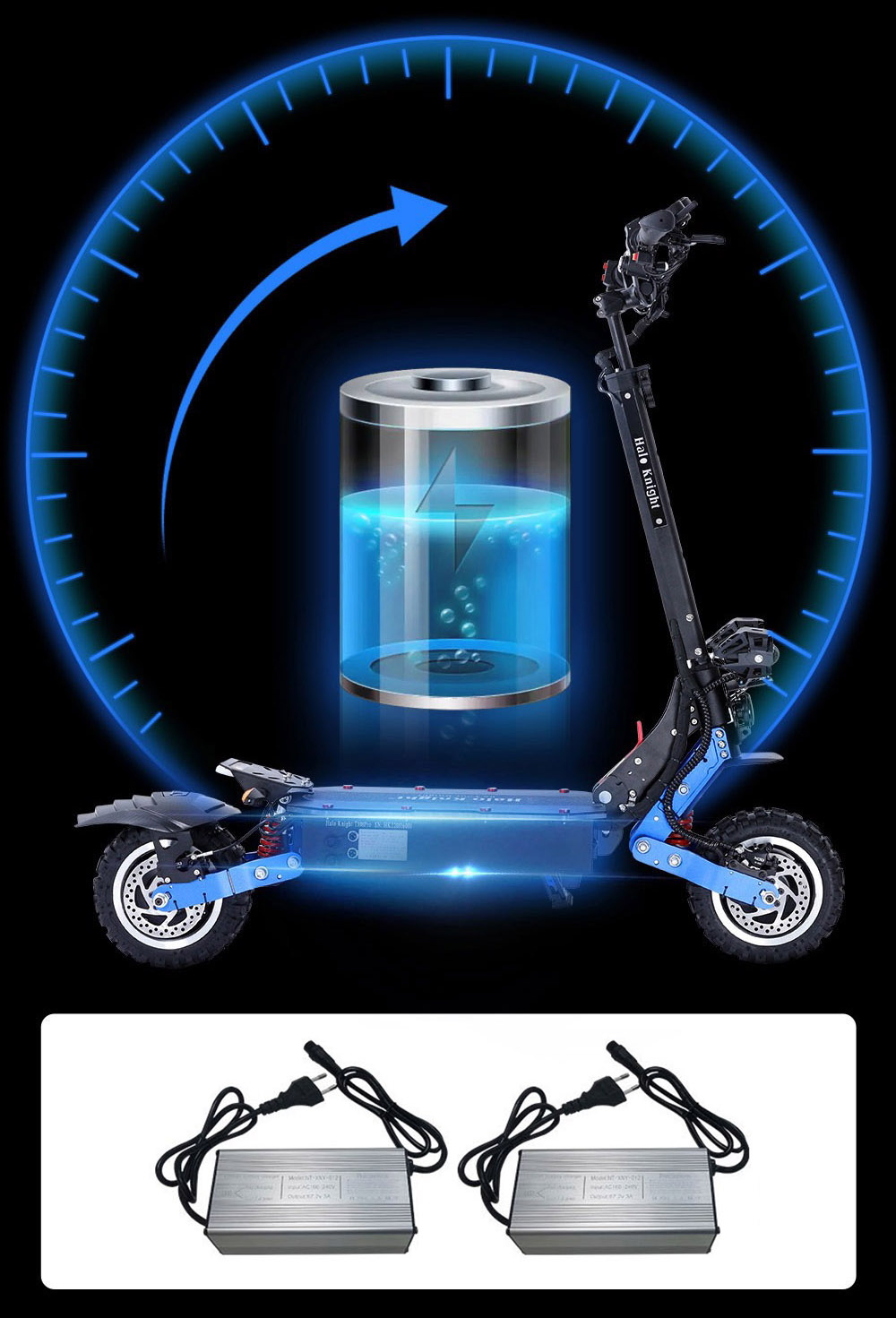 Patinete eléctrico Halo Knight T108 Pro de 11'', todoterreno, neumáticos, 2 motores de 3000 W, velocidad máxima de 95 km/h, batería de 60 V y 38,4 Ah, alcance de 80 km, carga máxima de 200 kg, intermitentes delanteros y traseros, resistente al agua IPX4, frenos hidráulicos dobles, freno eléctrico.