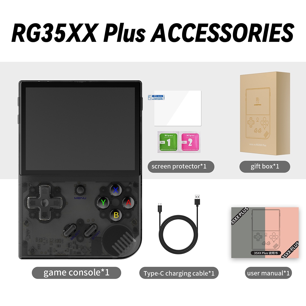 ANBERNIC RG35XX Plus Spielkonsole, 32 GB TF-Karte, 3300 mAh Akku, 8 Stunden Spielzeit, 5G WiFi Bluetooth, Moonlight-Streaming, Vibrationsmotor &ndash; Transparentes Schwarz