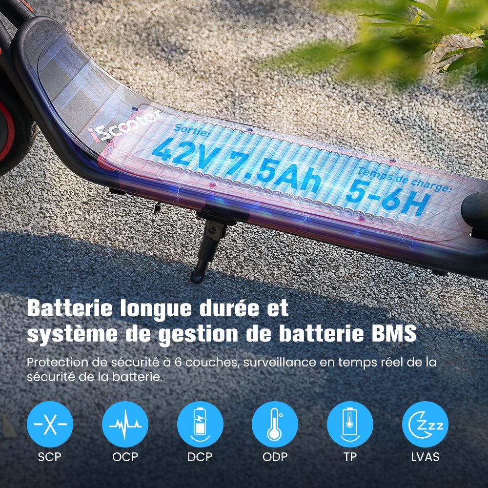 iScooter i9M Trottinette électrique, moteur 500 W, batterie 42 V 7,5 Ah, pneus pneumatiques 10 pouces, vitesse maximale 35 km/h, autonomie 30 km, frein électronique avant et frein à disque arrière, contrôle par application, écran LCD