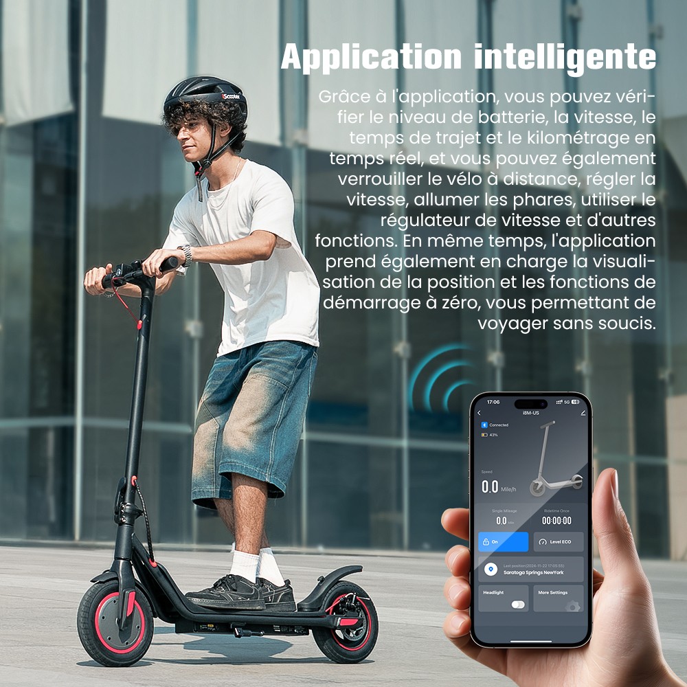 iScooter i9M Trottinette électrique, moteur 500 W, batterie 42 V 7,5 Ah, pneus pneumatiques 10 pouces, vitesse maximale 35 km/h, autonomie 30 km, frein électronique avant et frein à disque arrière, contrôle par application, écran LCD