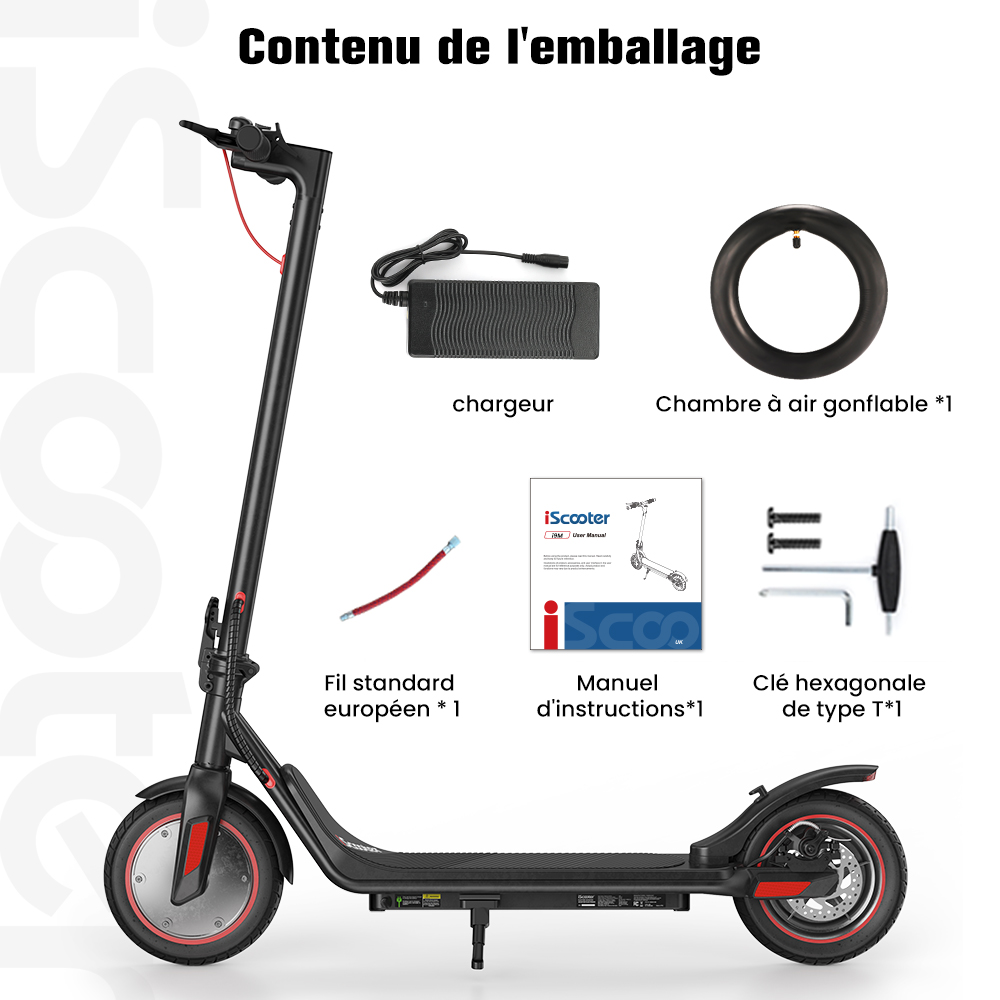 iScooter i9M Trottinette électrique, moteur 500 W, batterie 42 V 7,5 Ah, pneus pneumatiques 10 pouces, vitesse maximale 35 km/h, autonomie 30 km, frein électronique avant et frein à disque arrière, contrôle par application, écran LCD