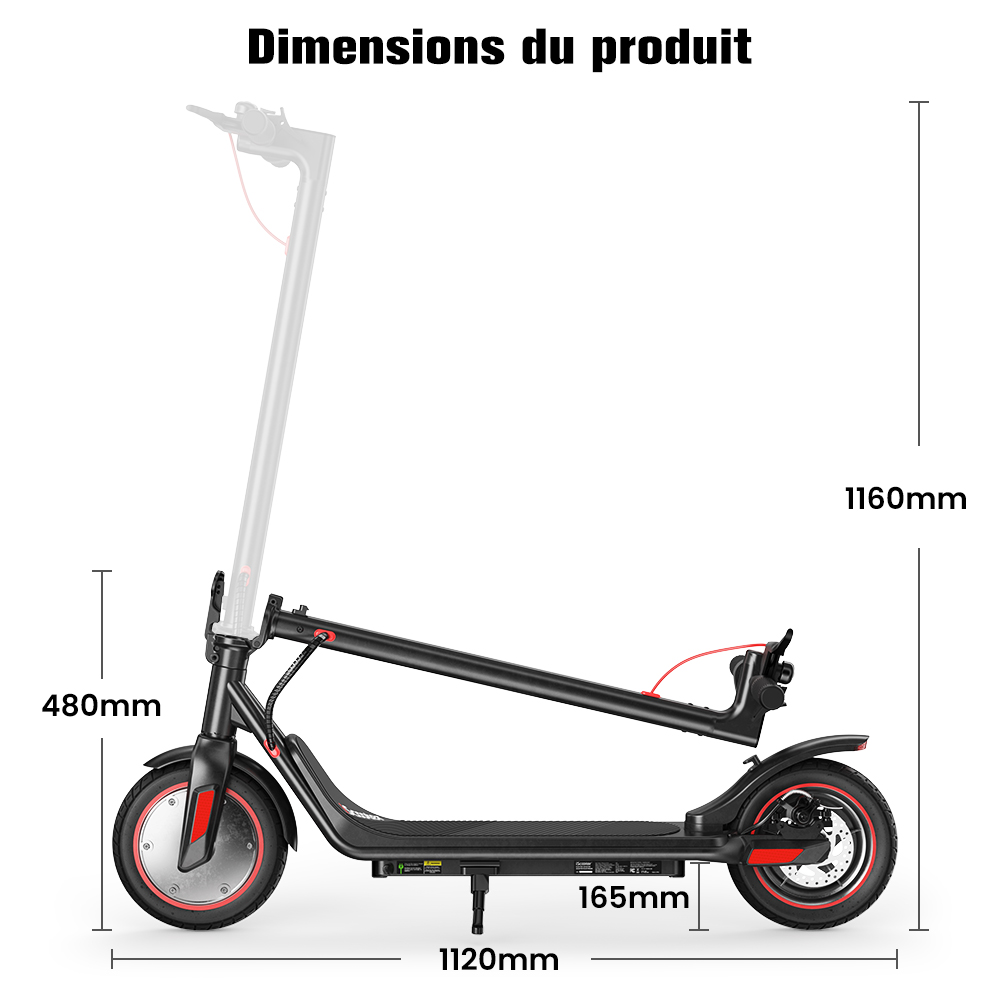 iScooter i9M Trottinette électrique, moteur 500 W, batterie 42 V 7,5 Ah, pneus pneumatiques 10 pouces, vitesse maximale 35 km/h, autonomie 30 km, frein électronique avant et frein à disque arrière, contrôle par application, écran LCD