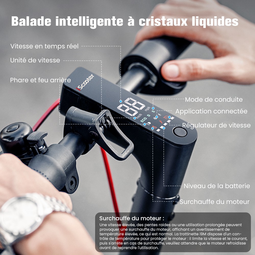 iScooter i9M Trottinette électrique, moteur 500 W, batterie 42 V 7,5 Ah, pneus pneumatiques 10 pouces, vitesse maximale 35 km/h, autonomie 30 km, frein électronique avant et frein à disque arrière, contrôle par application, écran LCD