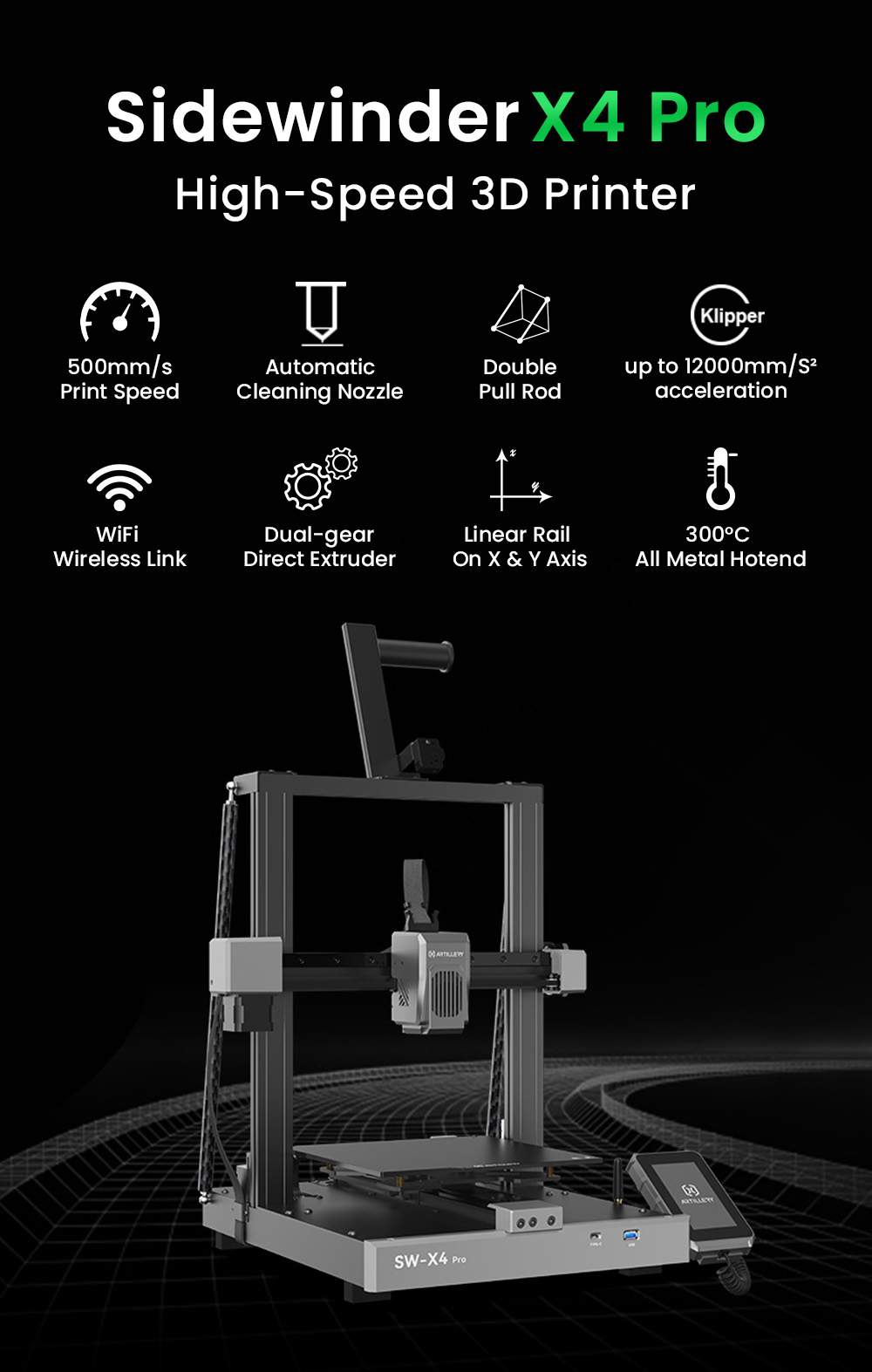 Artillery Sidewinder X4 Pro Imprimante 3D, 240*24*260mm, vitesse d'impression 500mm/s, rail linéaire axe X Y, extrudeuse à entraînement direct, nivellement automatique 81 points, double tige de traction, buse de nettoyage automatique