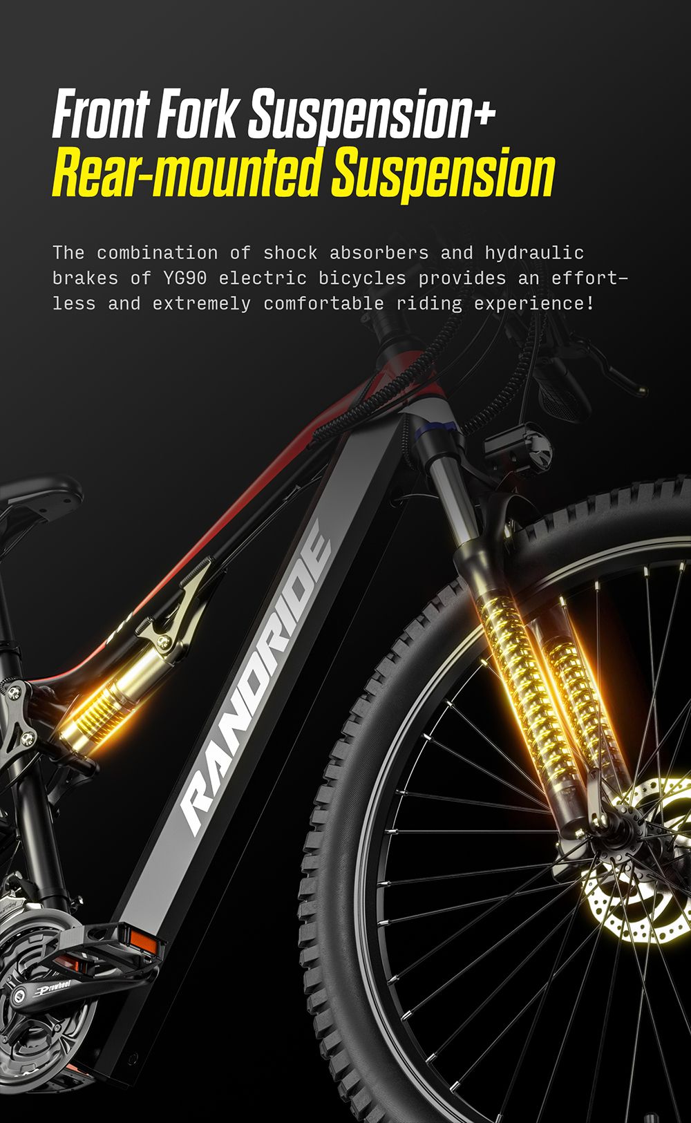 RANDRIDE YG90B Elektrofahrrad, 1000-W-Motor, 45 km/h H&ouml;chstgeschwindigkeit, 48 V, 17 Ah Akku, 80&ndash;90 km/h maximale Reichweite, 27,5 x 2,4 Zoll CST-Reifen, 120 kg Tragkraft