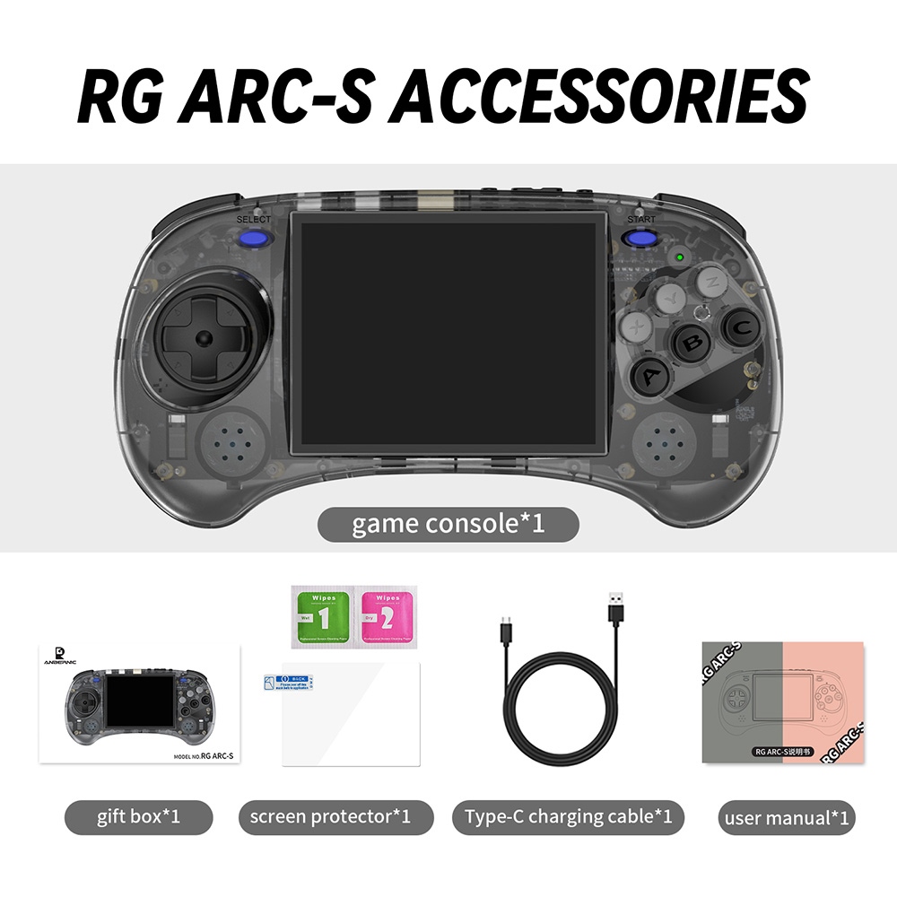 Refurbished ANBERNIC RG ARC-S Game Console, 128GB TF Card, 16GB Linux, 1GB LPDDR4, HDMI Output - Transparent Black