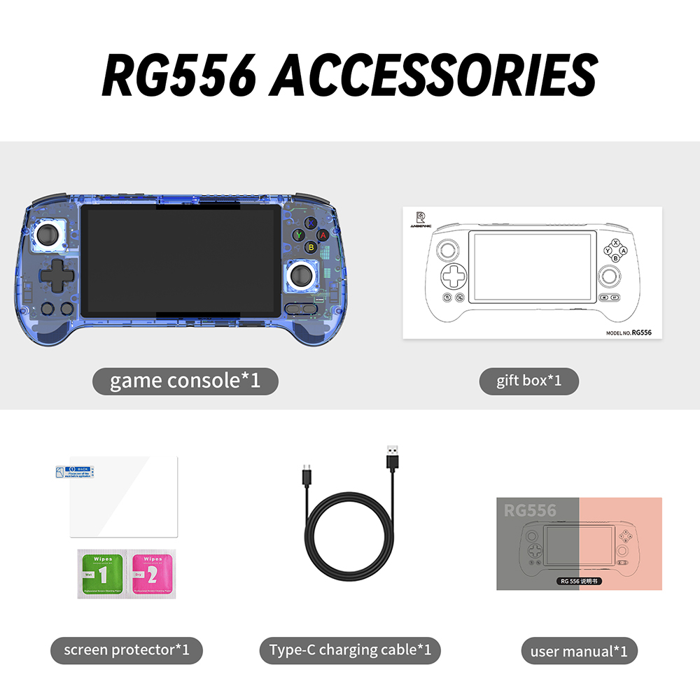 Refurbished ANBERNIC RG556 Game Console, Android 13, 8GB RAM, 128GB Storage, 128GB TF Card, 4423 Games, Moonlight Streaming - Transparent Blue