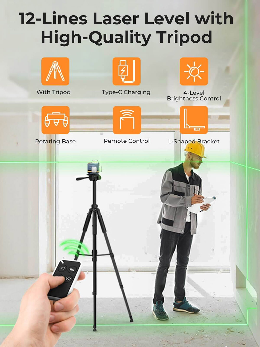 CIGMAN CM-701T 3x360&deg; Laser Level with 1.5m Tripod, Remote Control, Self-Leveling, 4000mAh Battery