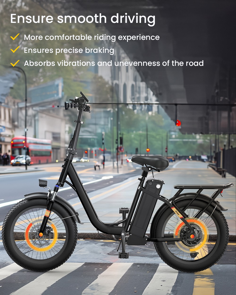 Bezplatný elektrický bicykel, 250W motor, 48V 15,6Ah batéria, 20*3.0 palcová pneumatika, max. rýchlosť 25 km/h, dojazd 120 km, predná & zadná kotúčová brzda, predné odpruženie, Shimano 7 rýchlostí